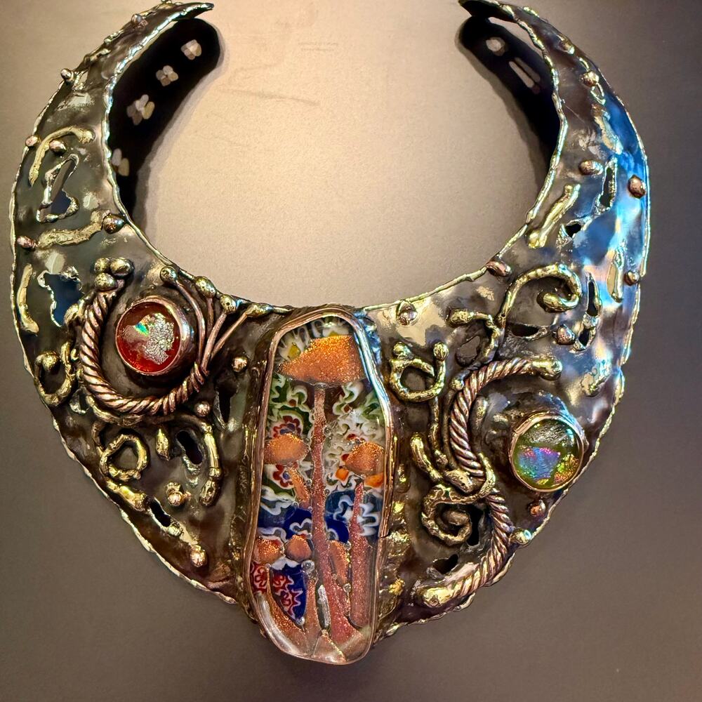 Brutalist Modern Glass Brass Copper Artisan Collar Necklace